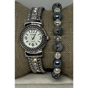 Studio Time Silver Cuff Watch NWT + Beaded Bracelet Set